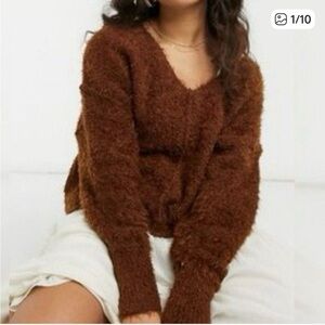 Free People Icing Fuzzy Brown V-Neck Sweater